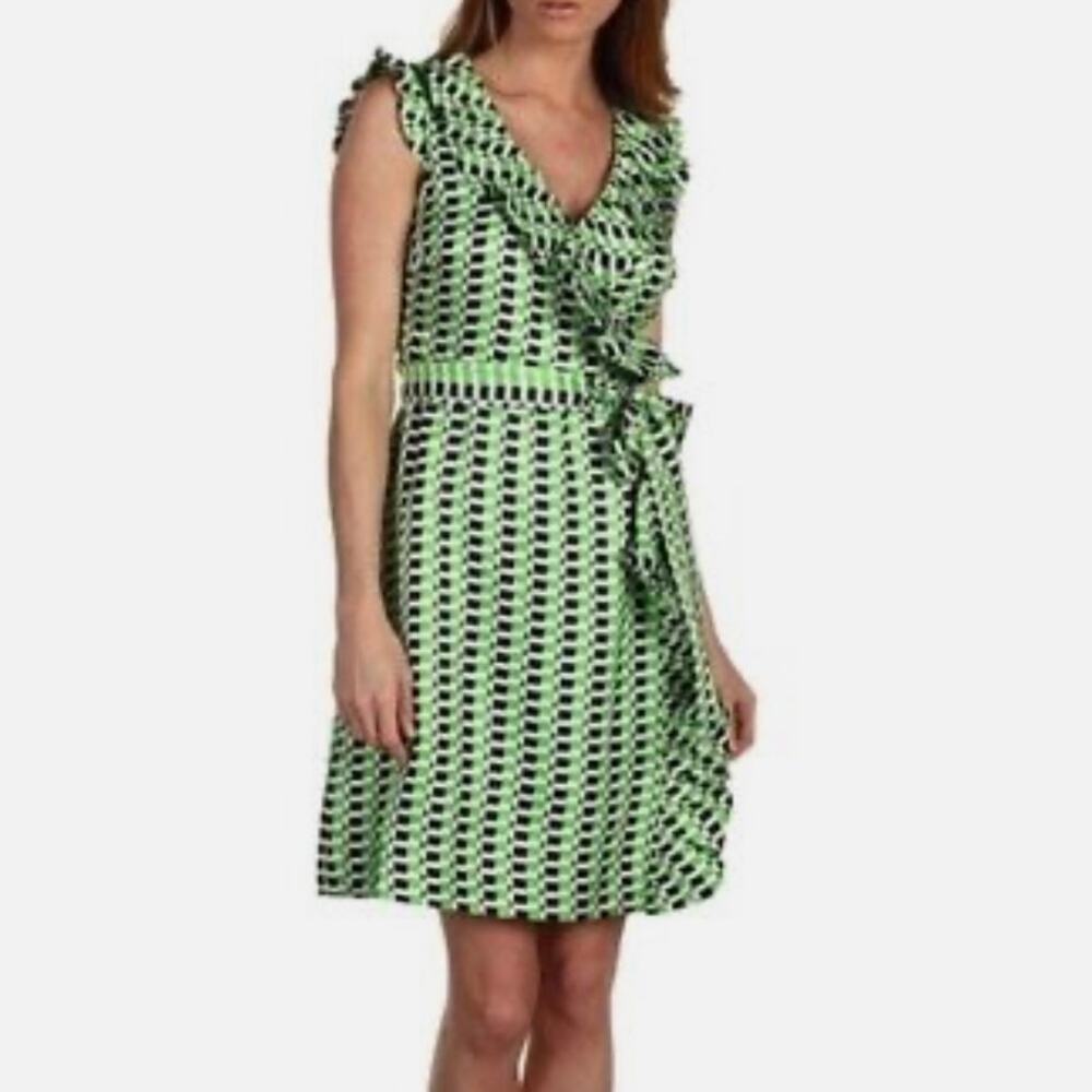 Kate Spade SZ 8 Aubrey Silk Wrap Dress Geometric Check Ruffled Neck Belted Lined